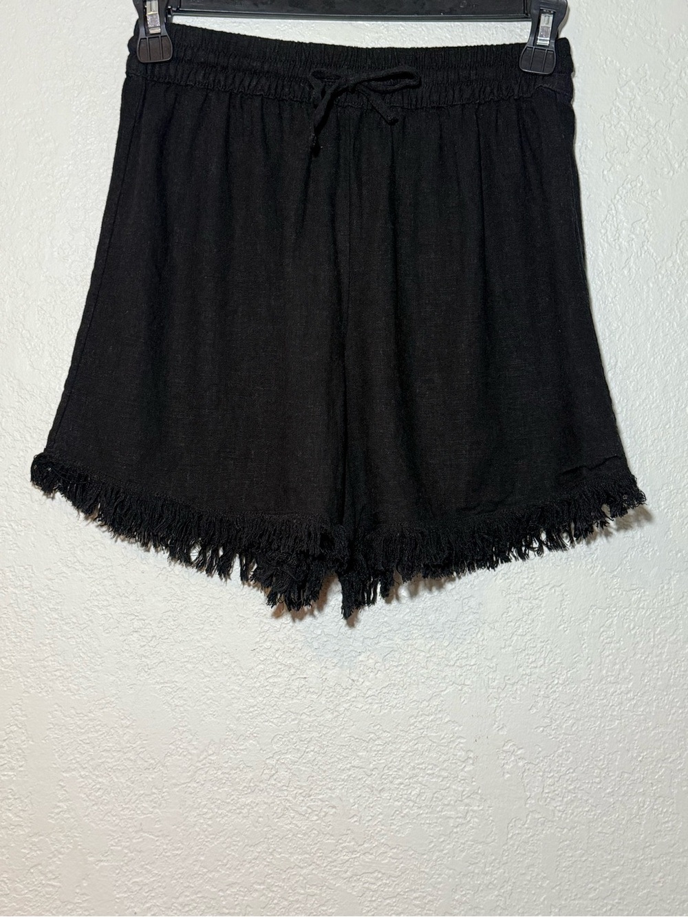 H&M Divided- Elastic/Drawstring Waistband, Linen Blend, Frayed Hem Black Shorts